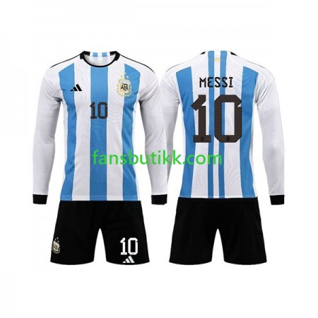 Fotballdrakt Argentina 3 Stars Lionel Messi 10 Barn Hjemmetrøye World Cup 2022 Langermet